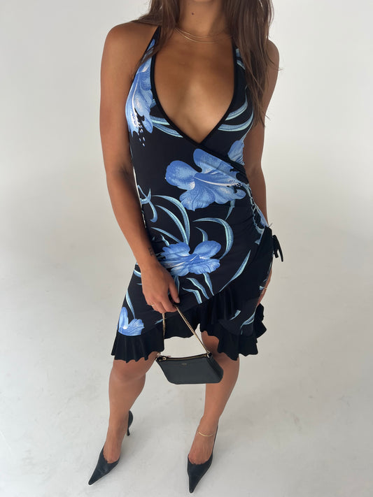 Black And Blue Hawaiian Halter Dress