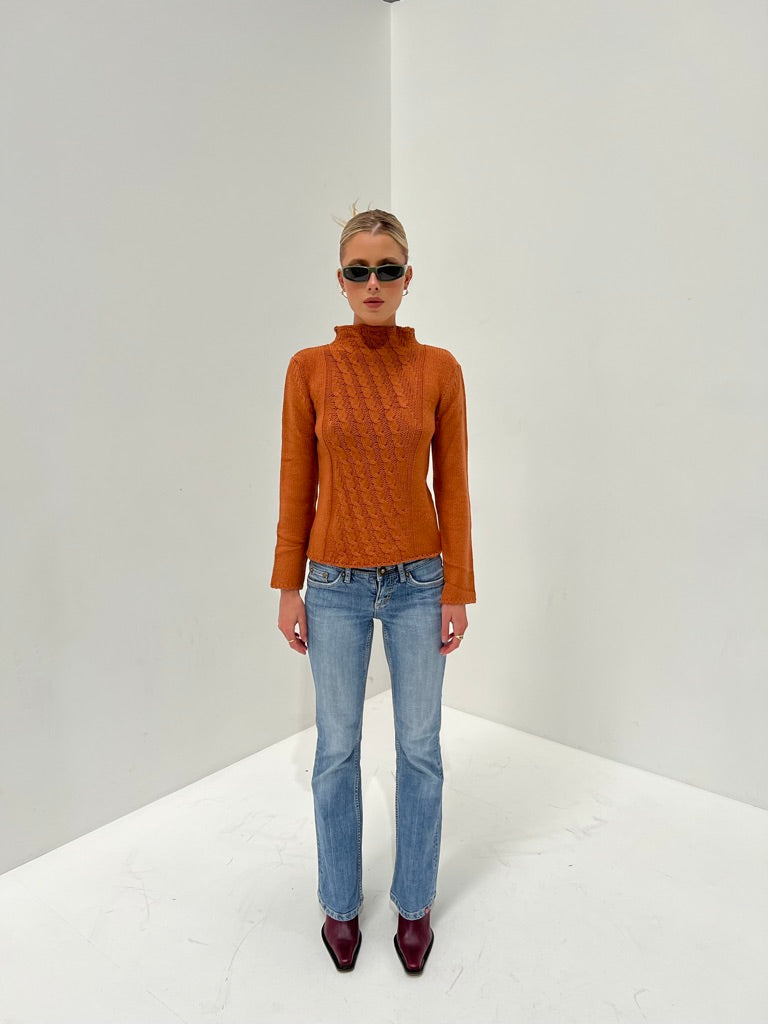 Pumpkin Mock Neck Cable Knit Sweater