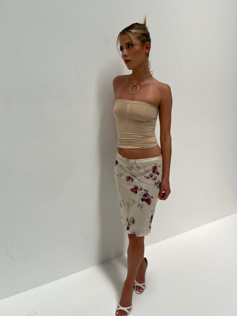 Nude Floral Midi Skirt