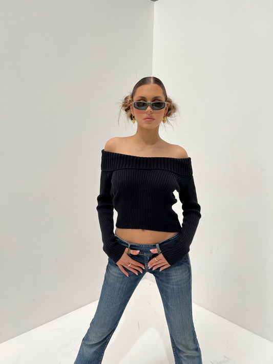 Black Cable Knit Off The Shoulder Top
