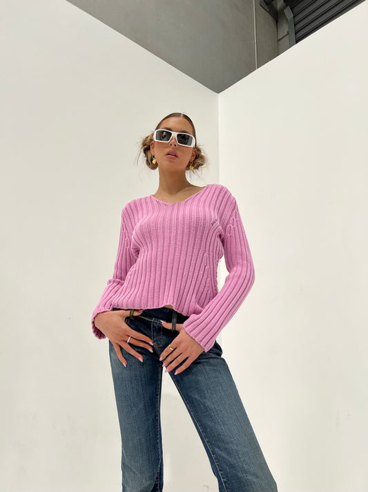 Pink Cable Knit V Neck Sweater