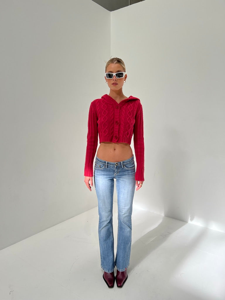 Cropped Cherry Cable Knit Sweater