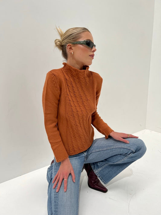 Pumpkin Mock Neck Cable Knit Sweater