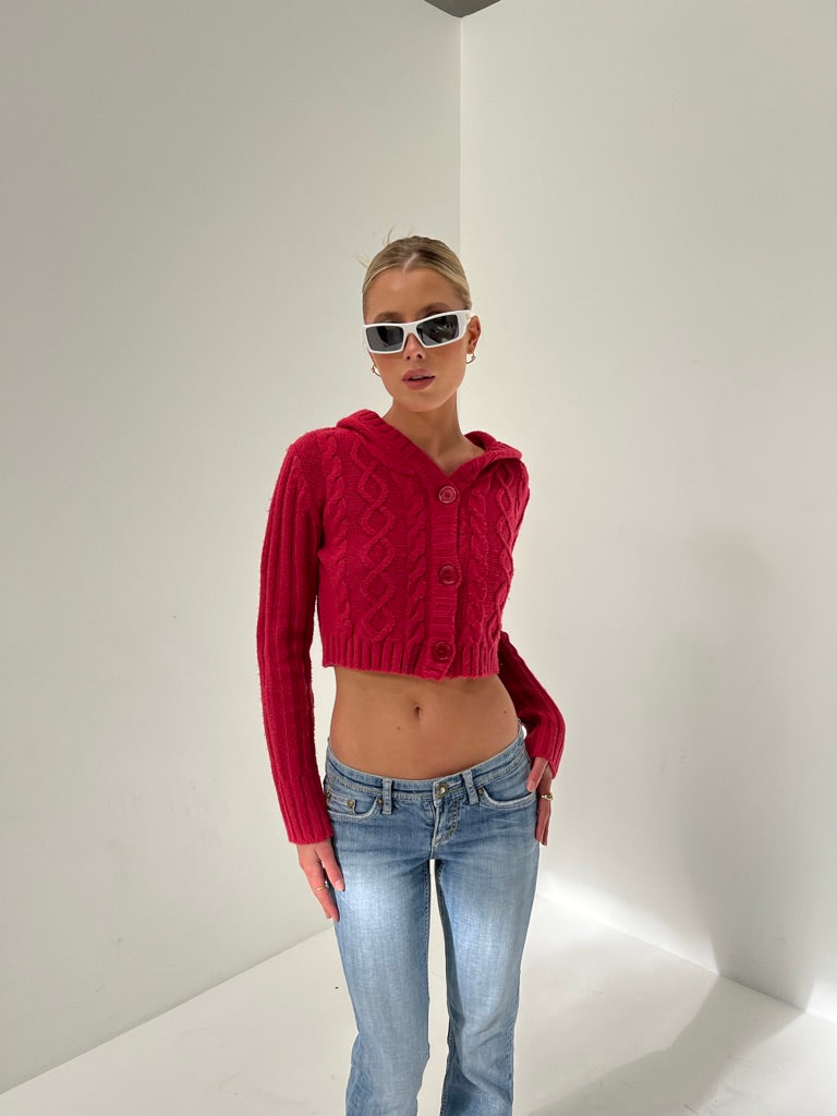 Cropped Cherry Cable Knit Sweater